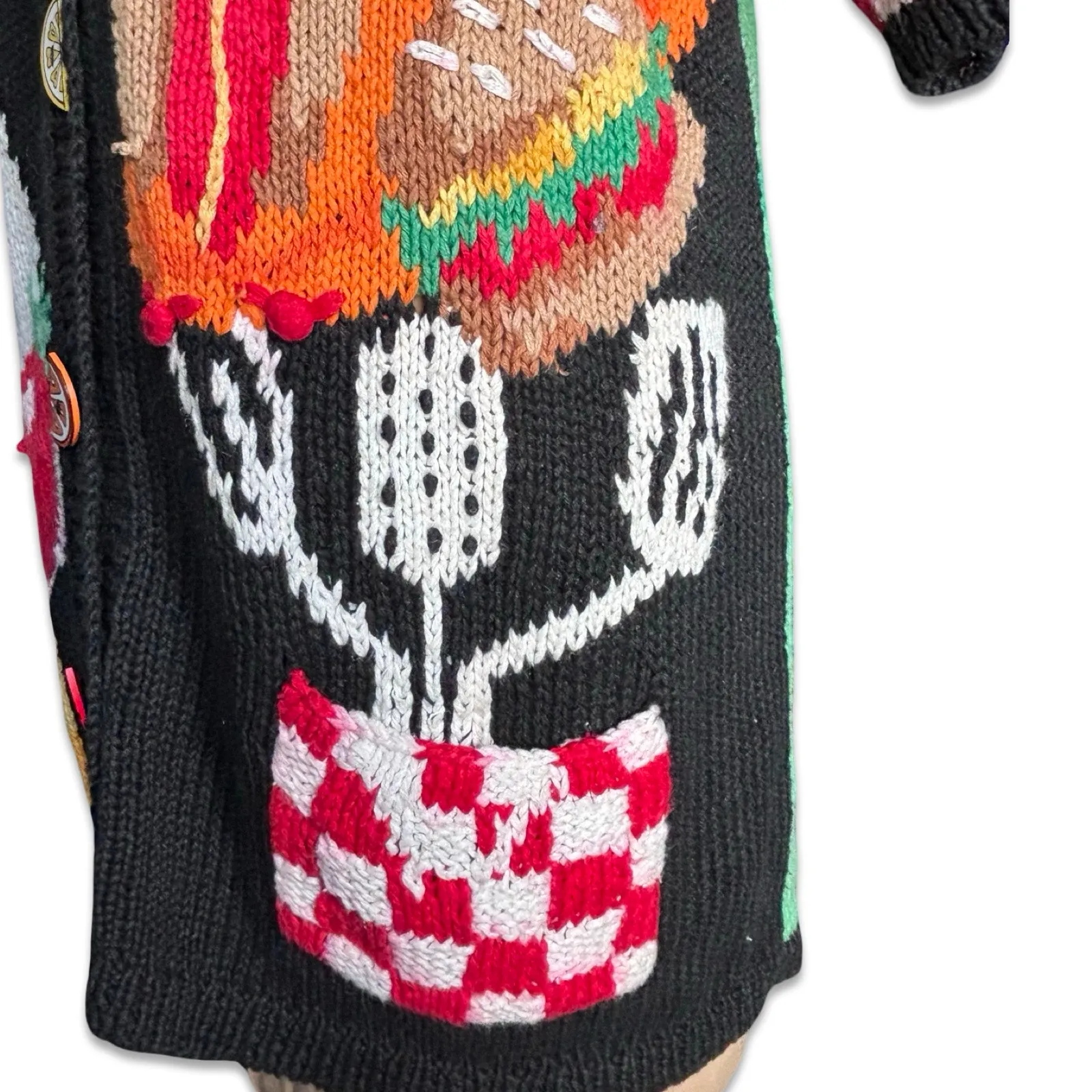 Vintage Eagles Eye Picnic Food Cooking Knit Cardigan Sweater Oversized Large Black - Image 8