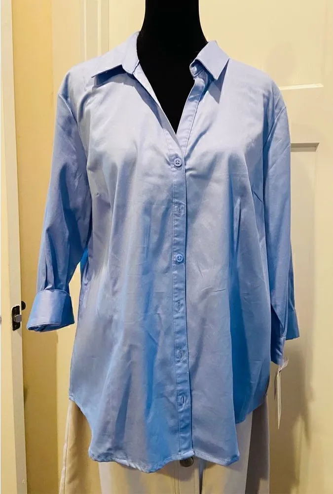 Dana Buchman 3/4 Sleeve V Neck Button Down Stretch Blue Blouse XL New with Tags - Image 1