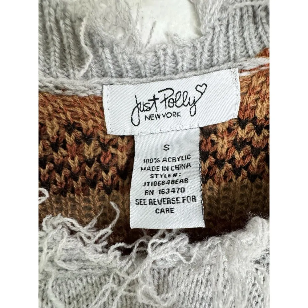 Just Polly Teddy Bear Print Distressed Pullover Sweater Womens Size Small Grunge Gray - Image 6