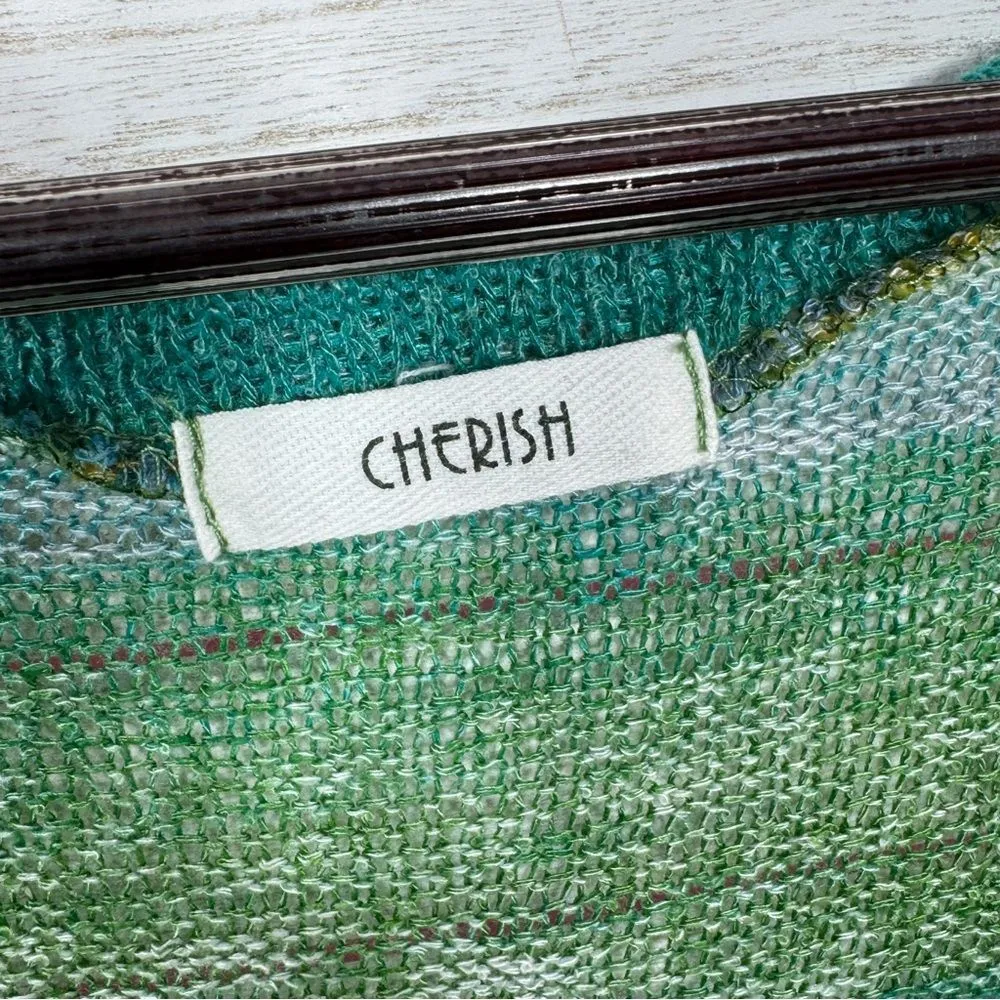 Cherish Striped‎ Mesh Knit V Neck Short Sleeve Tee Shirt Green Pink Small - Image 8