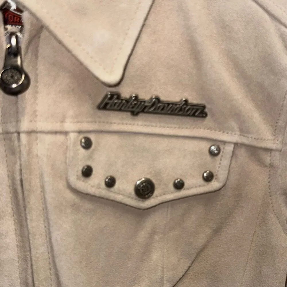 HARLEY DAVIDSON Cream SUEDE LEATHER CROP MOTORCYCLE RIDING JACKET Women's Size Tan Size M - Image 2