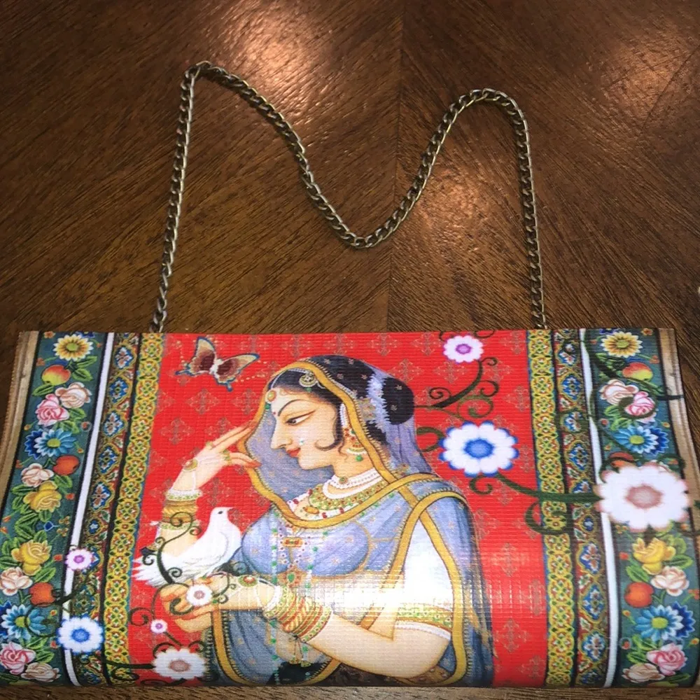 Indian Art Work Floral Lady Purse Clutch Convertible Handbag Red - Image 9