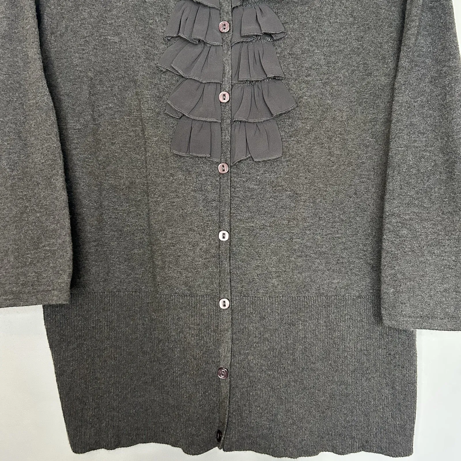 Fashion Bug Women's XL Charcoal Gray Sweater Button Up 3/4 Sleeve‎ Ruffle front - Image 3