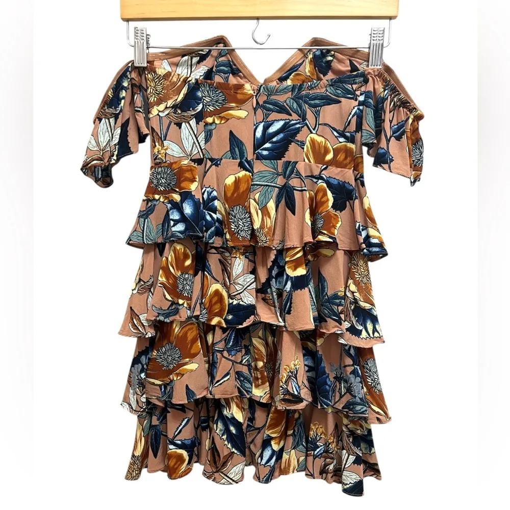 For Love & Lemons Flamenco Silk Strapless Mini Dress Ruffle Floral Tan Blue - Image 4