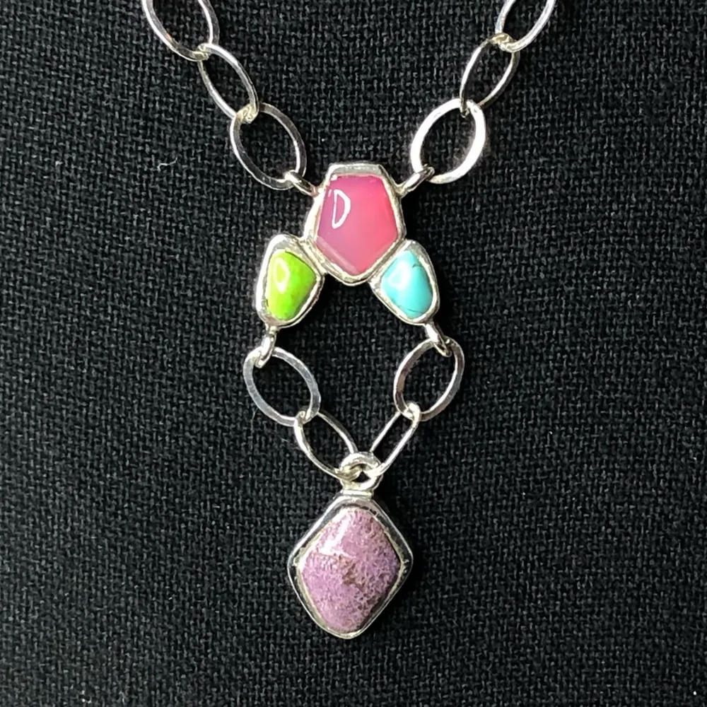 BARSE Sterling Silver Rolo Links Multi-Gem Stones Y-Drop Necklace 16 inches long - Image 2