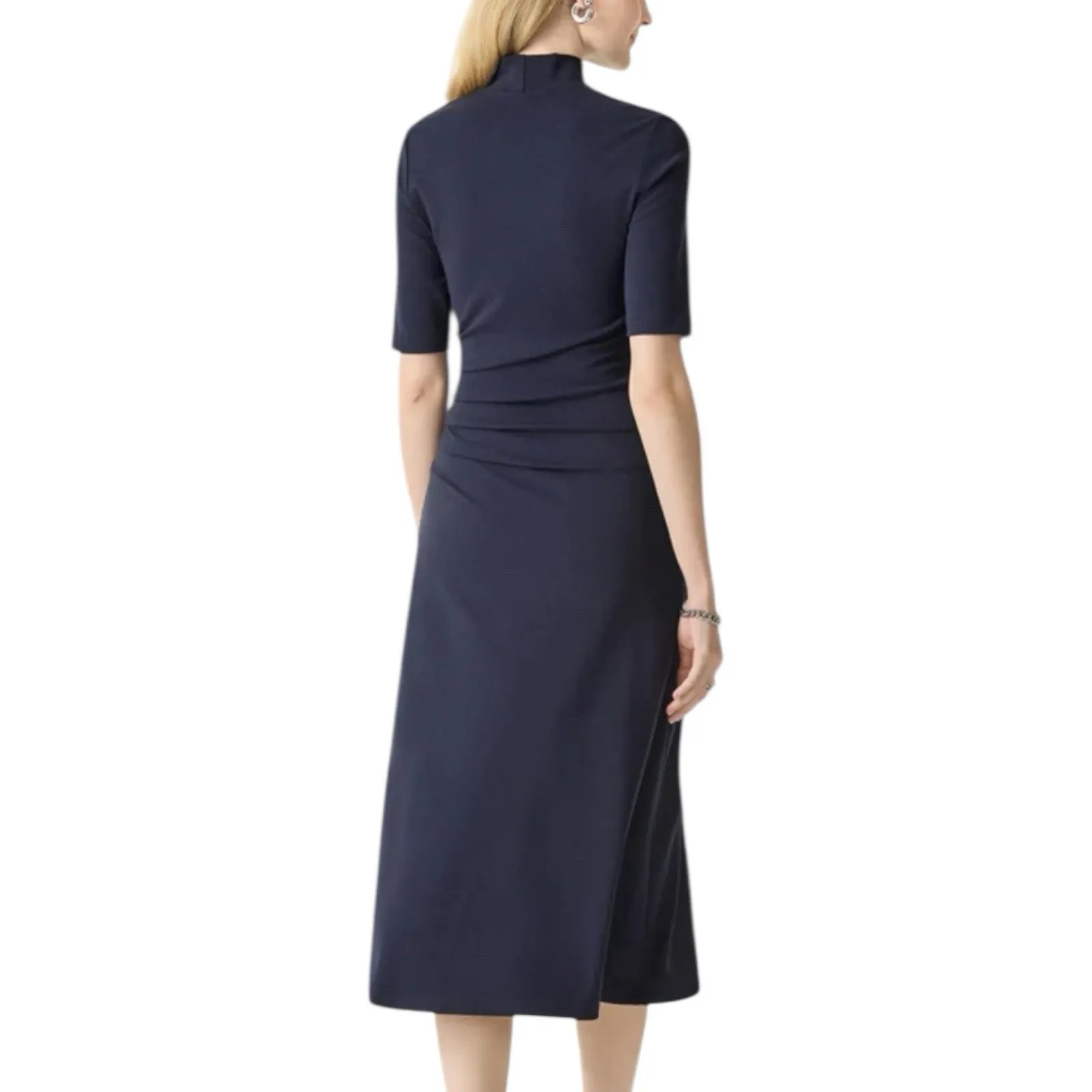 NWT OGL Mock Neck Elbow Length Sleeve Tucked Midi Dress Navy Blue Size Large - Image 4