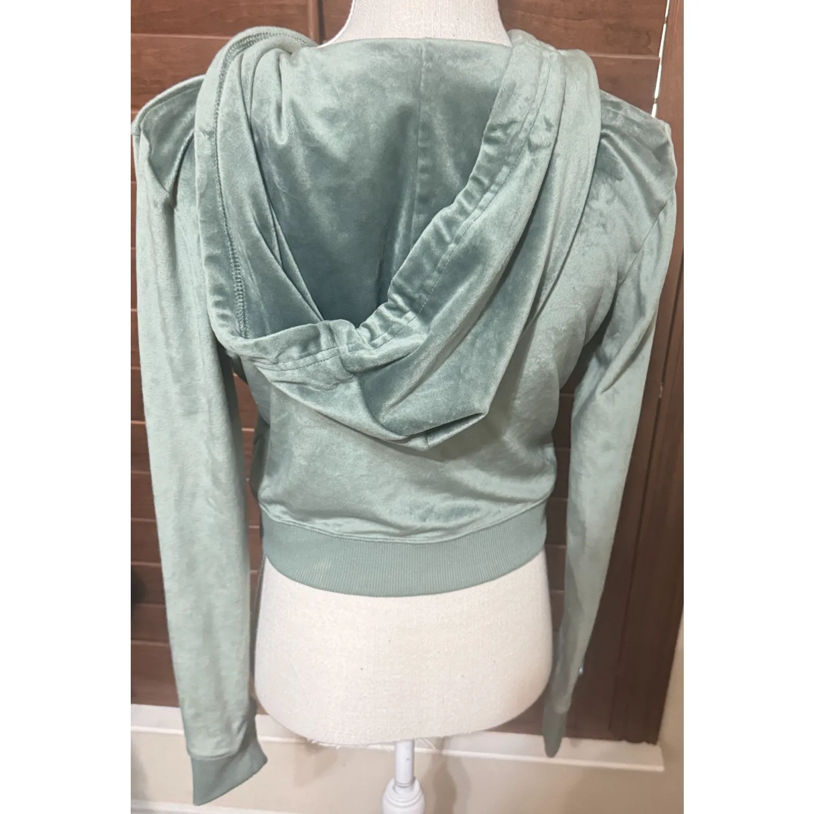 Aerie Velour Cropped Hoodie Sage Green Womens M Jacket full zip - Image 3