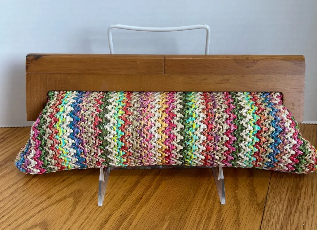 Crocheted Small Vintage Clutch Colorful Magnetic Opens Wide Rare Find Boho Glam Pink - Image 1