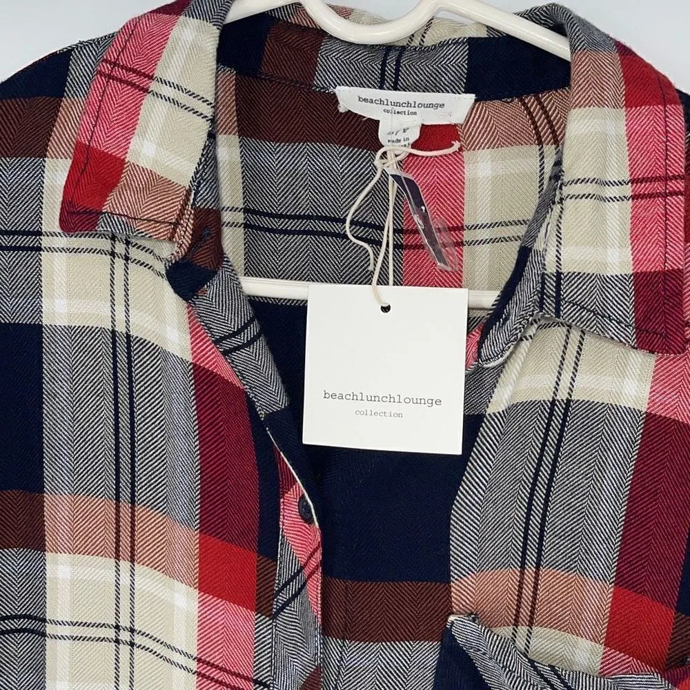 BeachLunchLounge  Women’s Plaid Rayon Shirt NWT Red Blue White Button Up Long Sl - Image 4