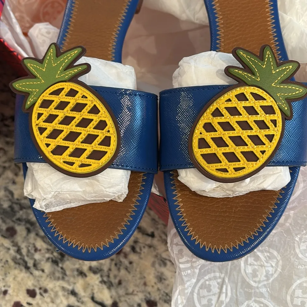 Tory Burch Neptune pineapple flat all leather slide sandals - Image 2