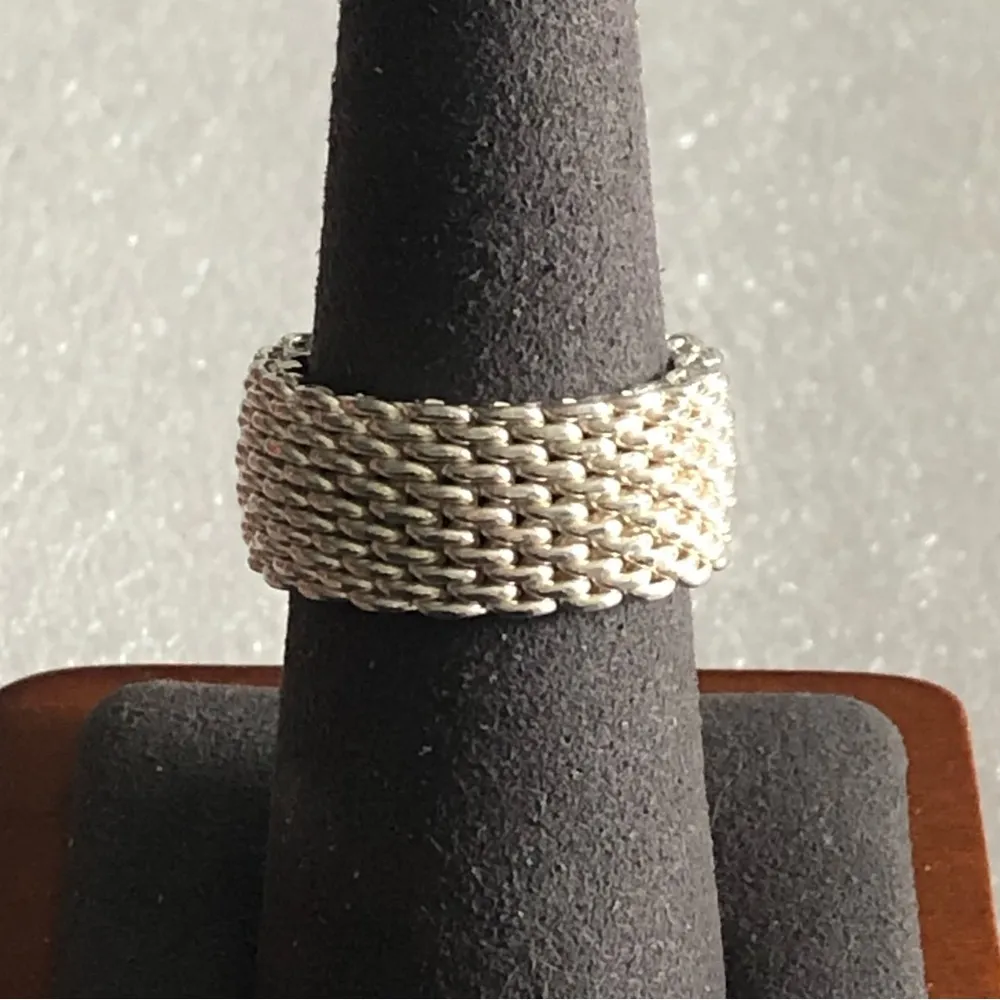 TIFFANY Sterling Silver Somerset Mesh Cigar Band Style Ring Sz 8 Dust Bag & Box - Image 8