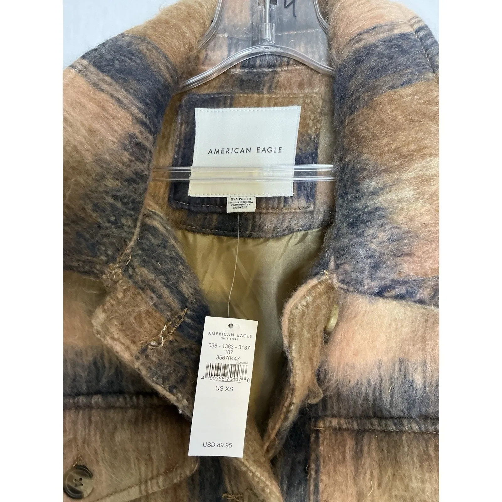 American Eagle Plaid‎ Shacket Jacket Brown Black Tan Brushed Wool Blend XS NWT - Image 7