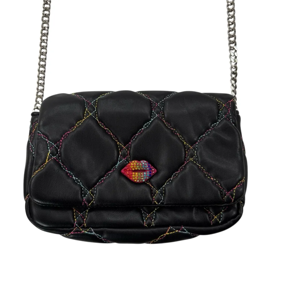 Betsey Johnson  Quilted Bag Rhinestone Lips Rainbow Stitching on Black - Image 11