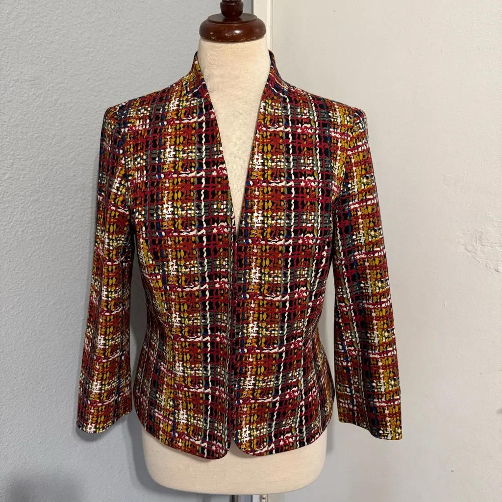 Black Label by Evan Picone Women Multicolored Long Sleeve Tweed Blazer Size 6 Red - Image 4