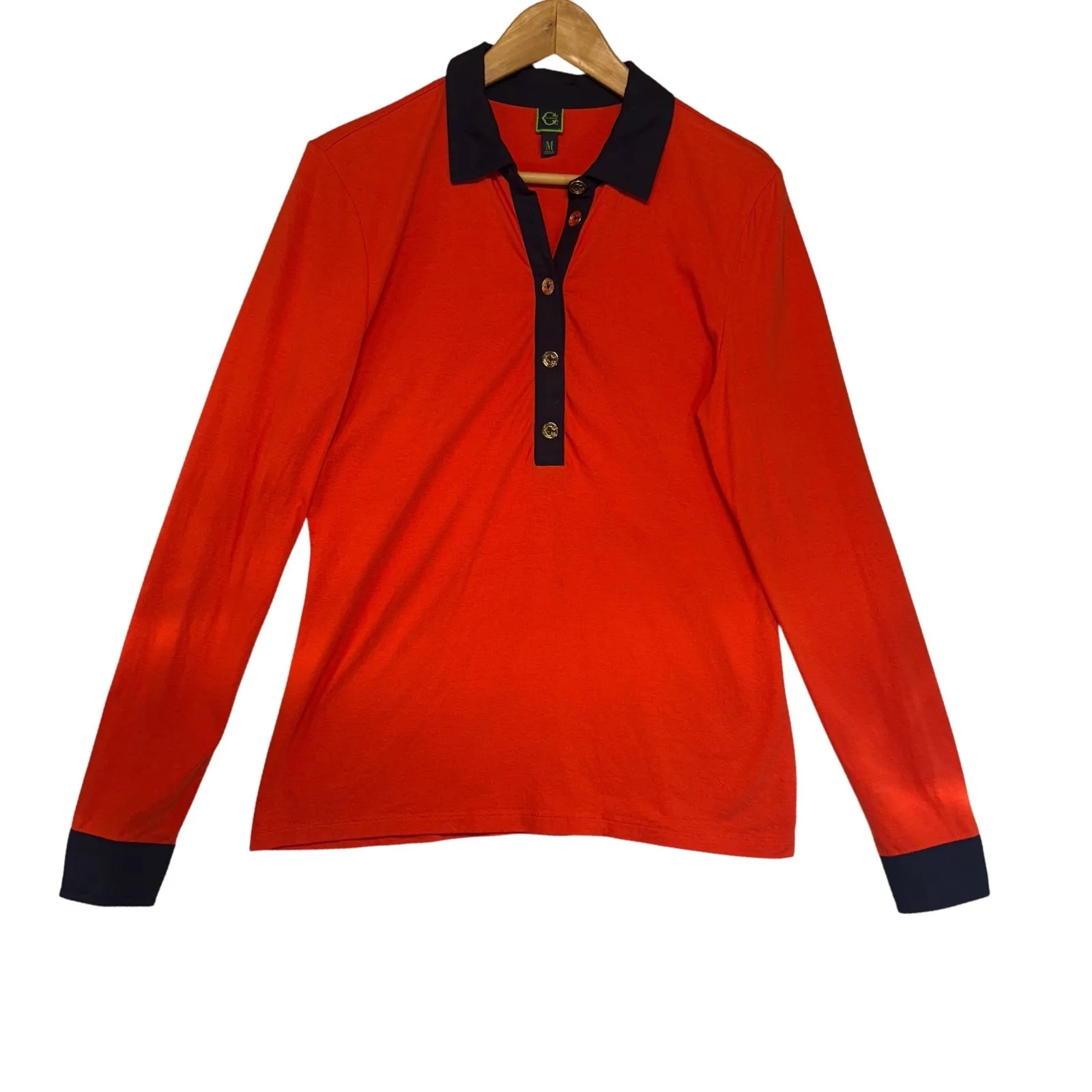 Wonder Long Sleeve Collared Polo Shirt Orange Navy Trim Casual Preppy Sporty M Size M - Image 2