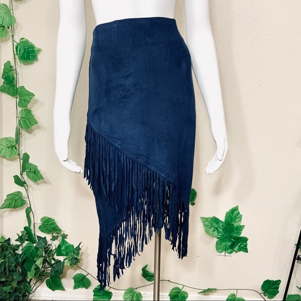 En Creme Suede Blue Navy Fringe Bohemian Skirt - Image 3