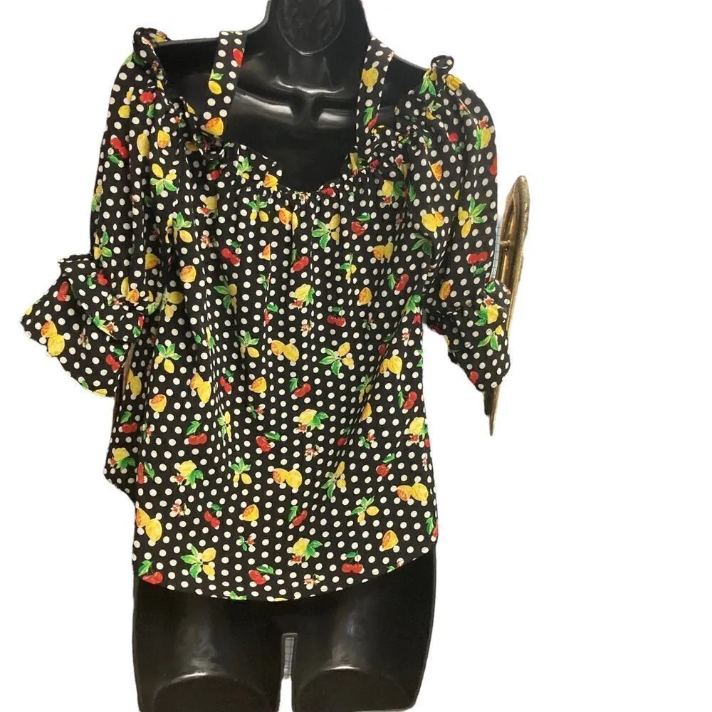 Twine & String Women’s Cold shoulder Fruit & Polka Dot Top, Multicolored, Medium‎ - Image 2