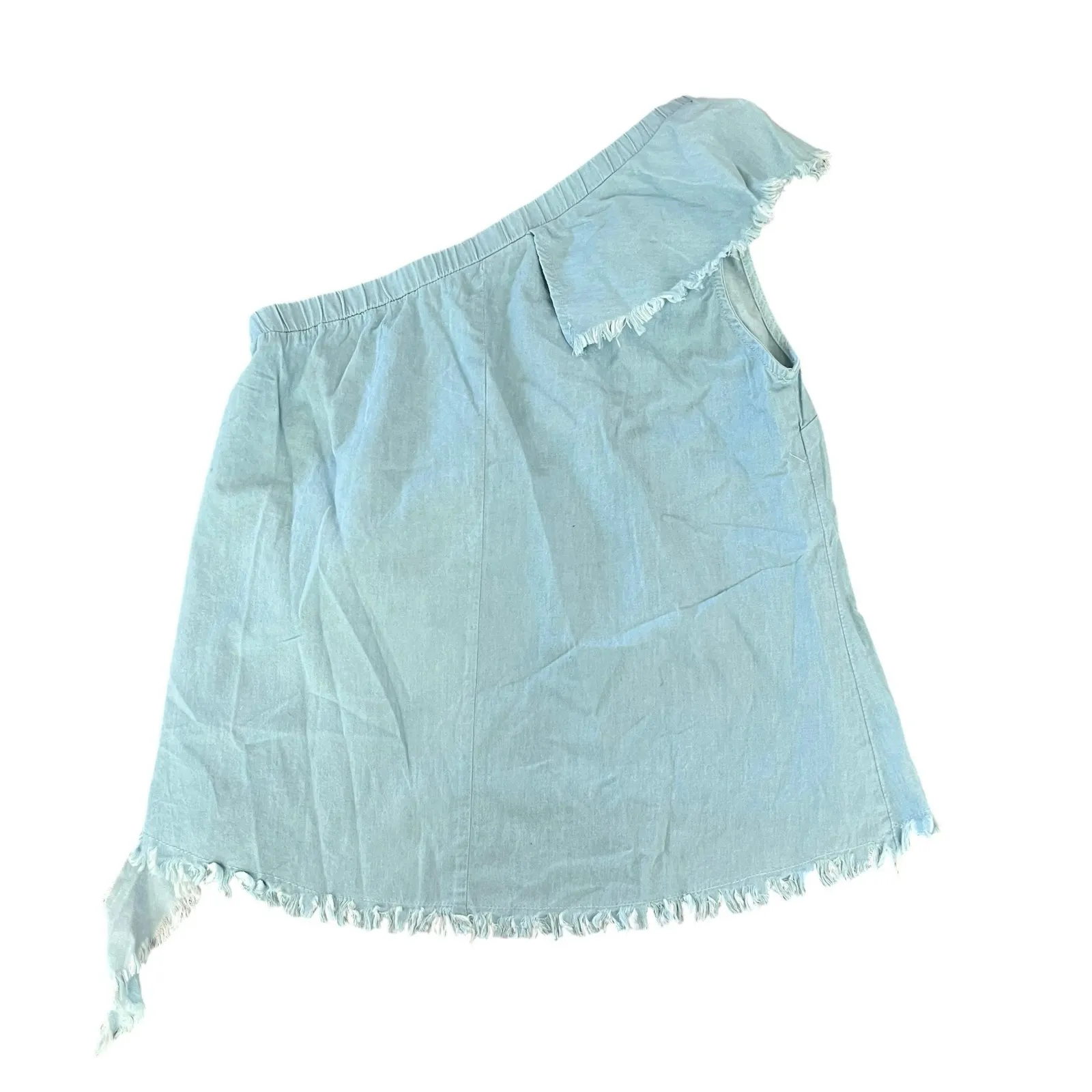 UMGEE DENIM Ruffle One Shoulder Top Blouse Sz M Sleeveless Raw Hem LightWash NEW - Image 3