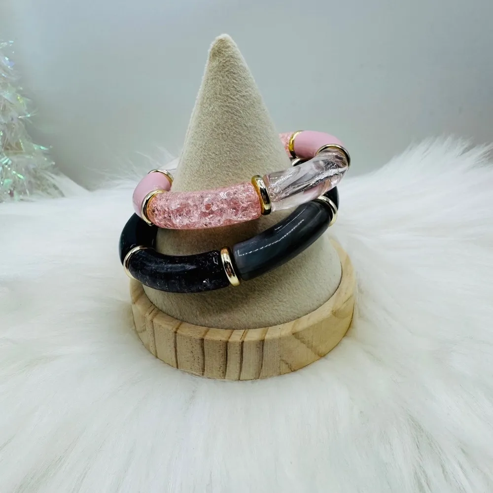 Chic Colorblock Resin Bangle Bracelet 2 pieces set 2 Pink - Image 6