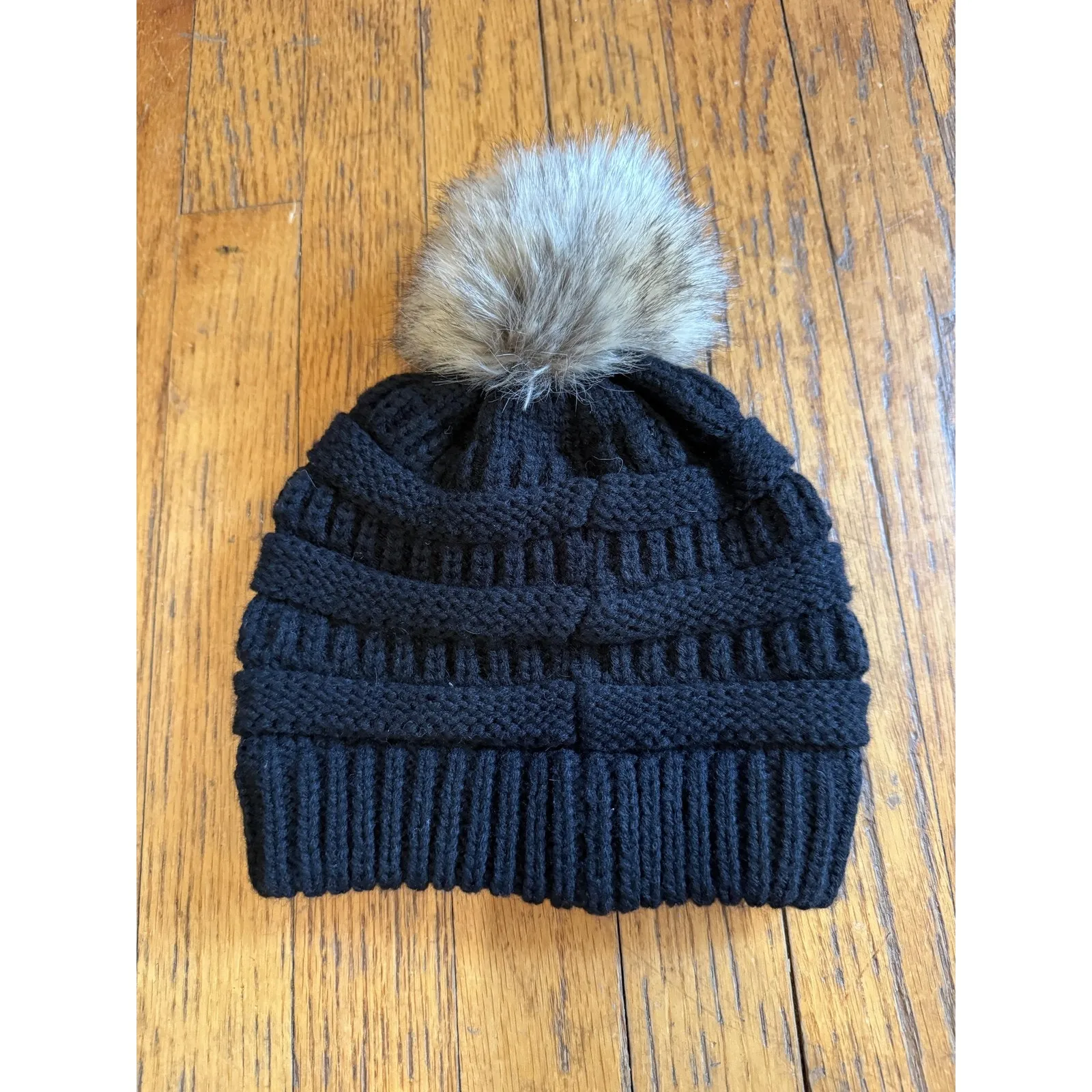 C.C Hat Beanie Black Pom Pom Knit Ribbed Chunky Winter Warm Slouchy Mens - Image 5