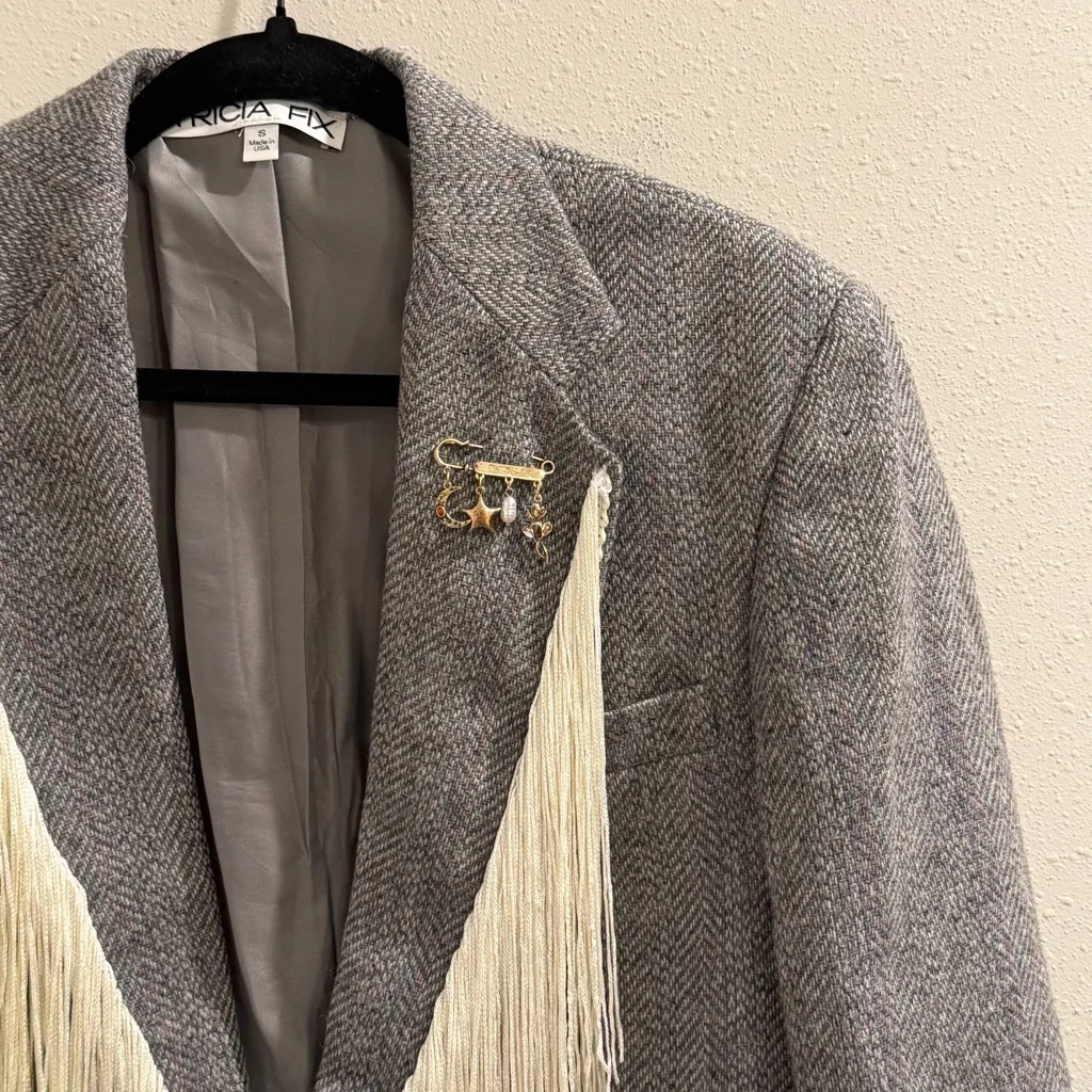 Tricia Fix Exclusive Small Western Fringe Wool Blend Blazer Jacket Statement Gray - Image 7