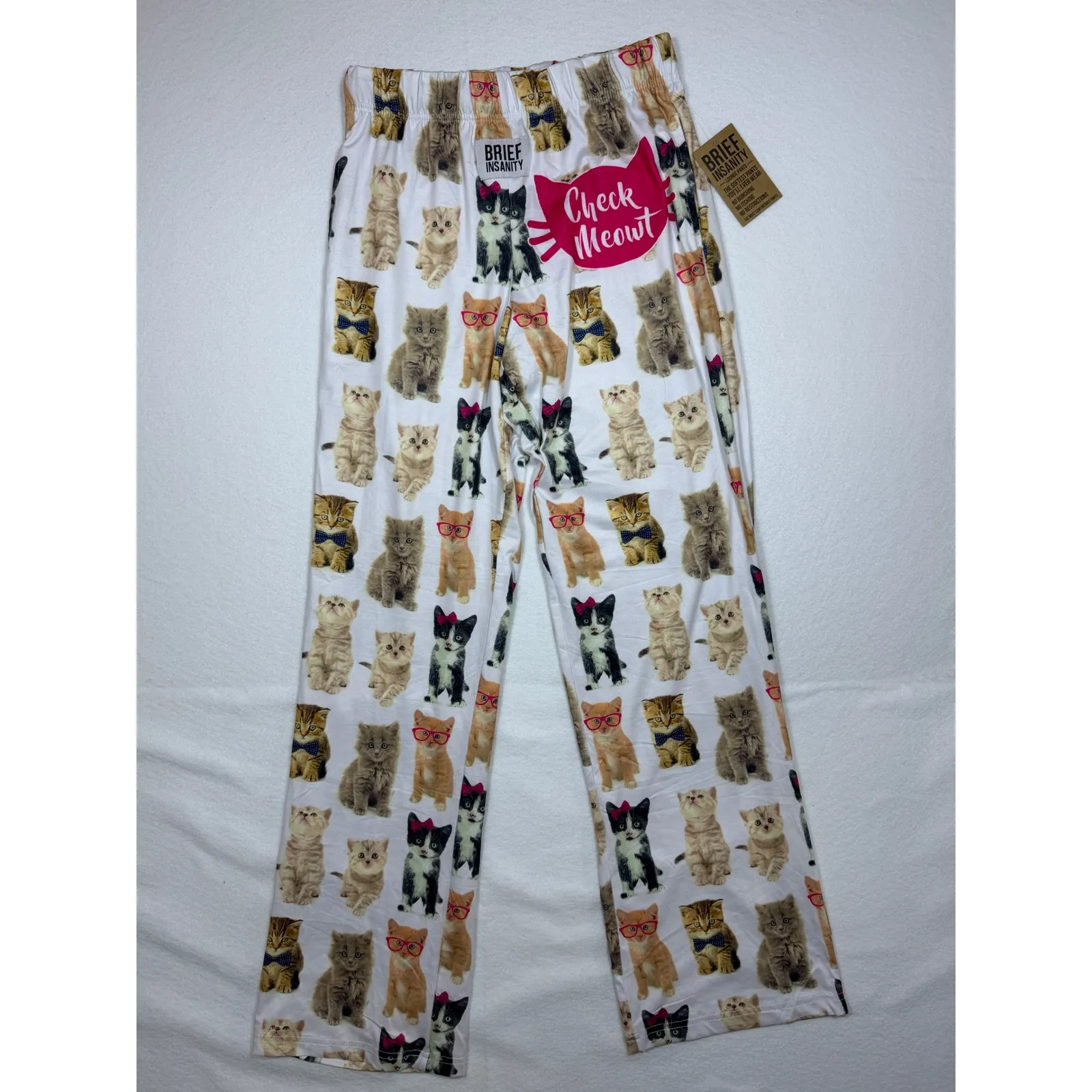 Brief Insanity Women's Small Check Meowt Cat Pajama Pants Lounge Sleepwear White - Image 2