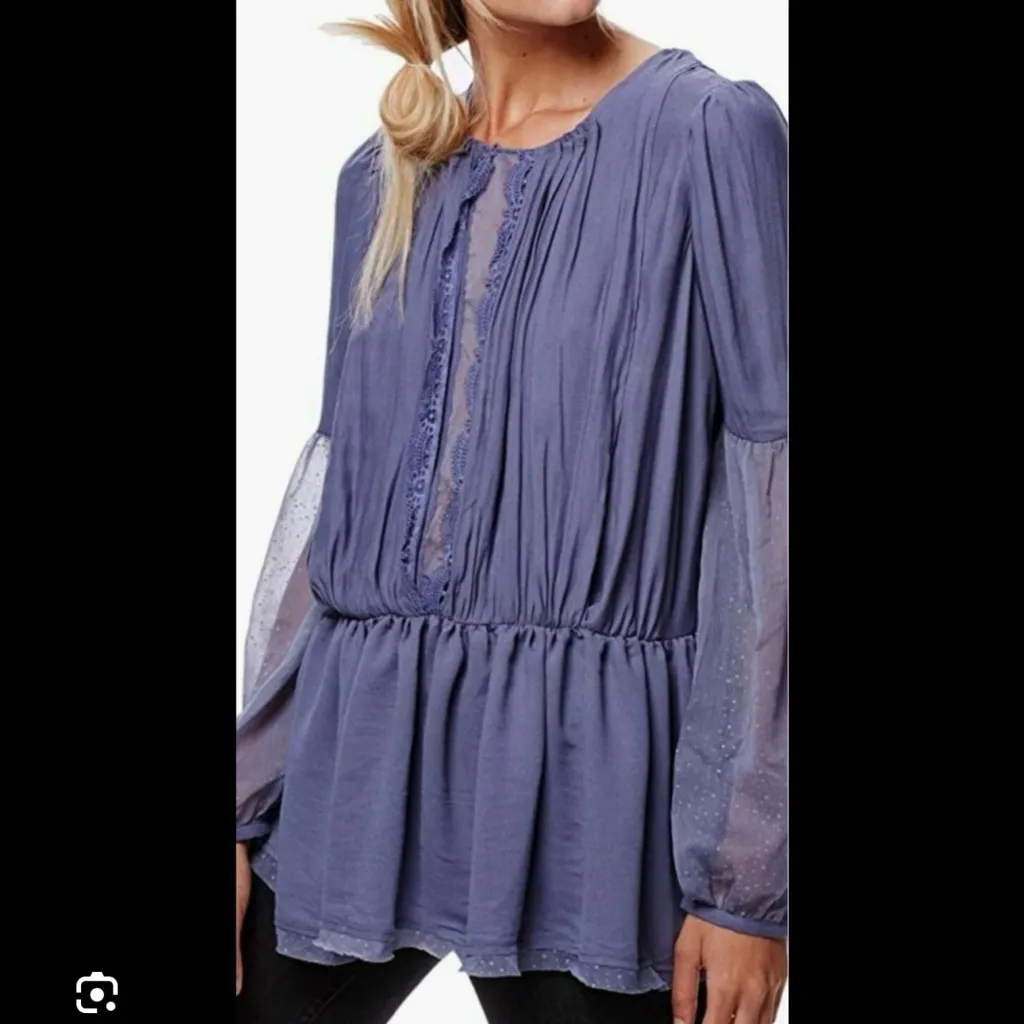Free People Grayish Blue Boho Peplum Blouse Sheer Swiss Dot Sleeves Small - Image 7