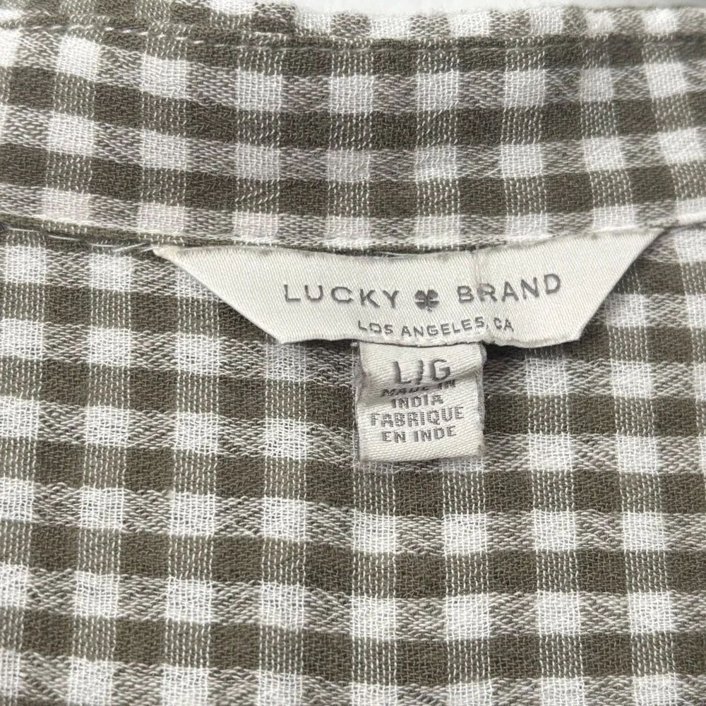 Lucky Brand Olive Checkered Gingham Plaid Button Down Shirt Size Large - Image 2