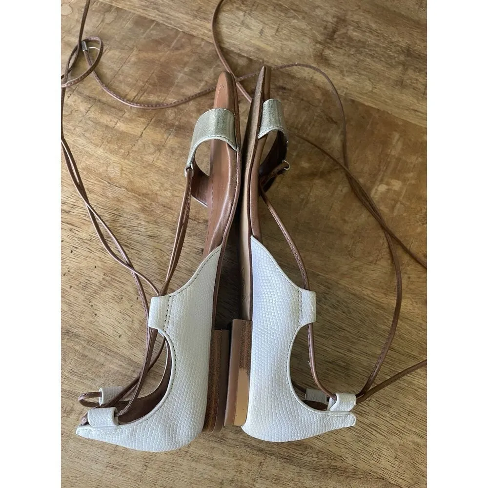 White House Black Market White Silver Lace Up Open Toe Strappy Flats Size 6 M - Image 4