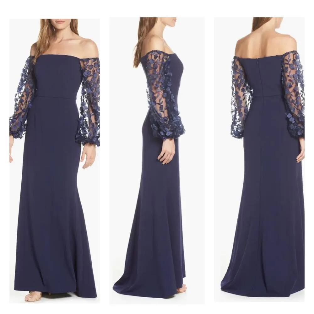 Eliza J Navy Blue Off The Shoulder 3D Fleur Appliqué Scuba Crepe Gown Sz.6 NWT - Image 3