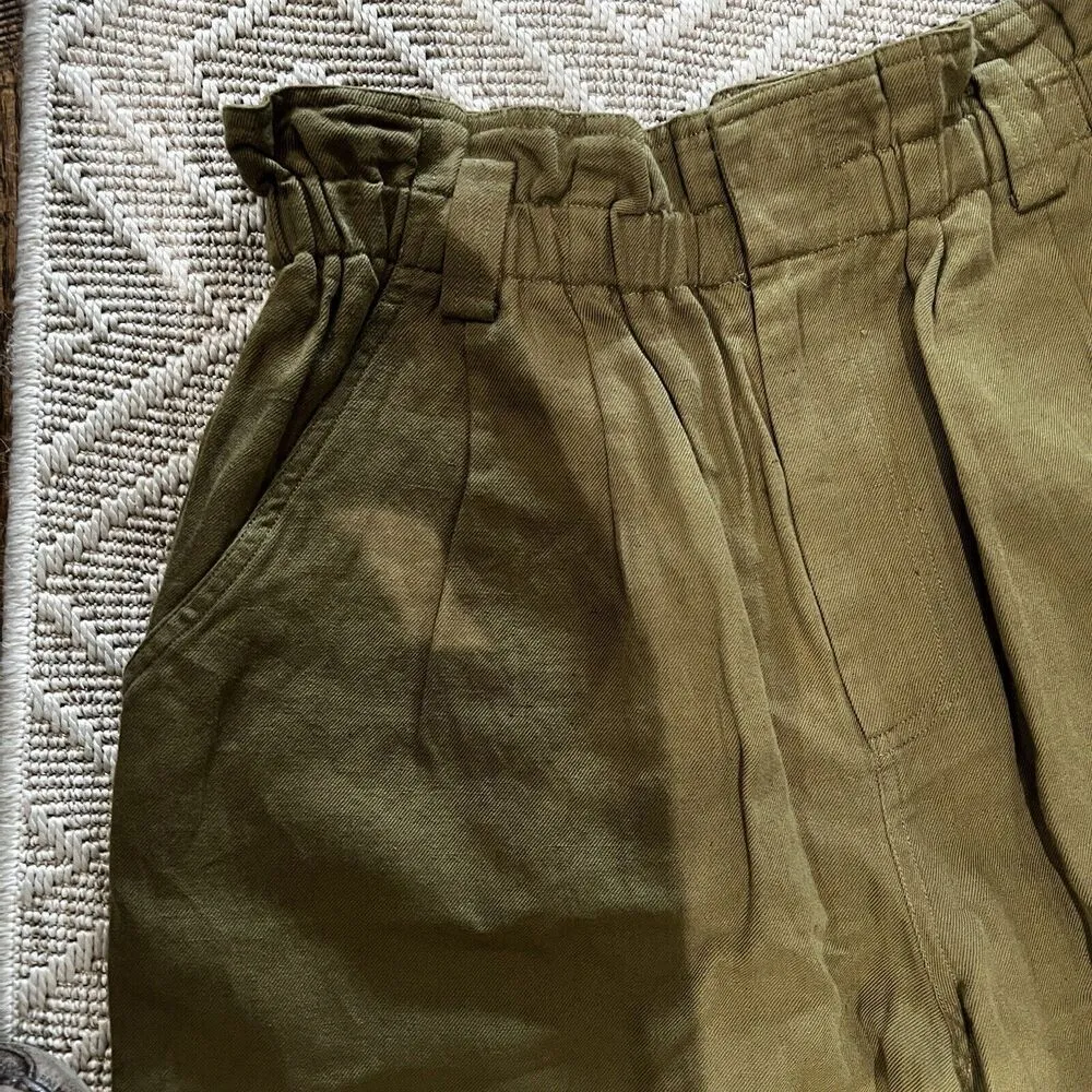 APIECE APART Olive Green COTTON LINEN BLEND PANTS WIDE LEG SON VIDA  RUFFLES LG - Image 3