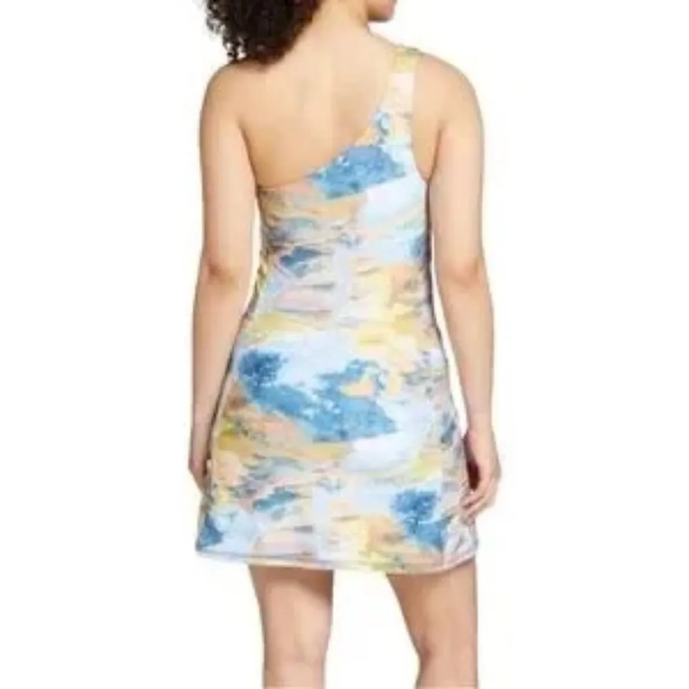 NWT DSG One Shoulder Active Momentum Dress w/ Bra & Shorts Multi Abstract Sz XS Blue - Image 2