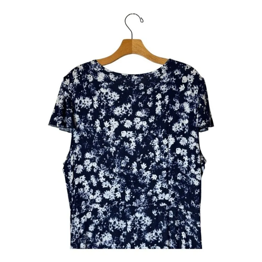 Juicy Couture Dress Women XL Blue White Floral Print Faux Wrap Midi Retro Boho‎ - Image 5