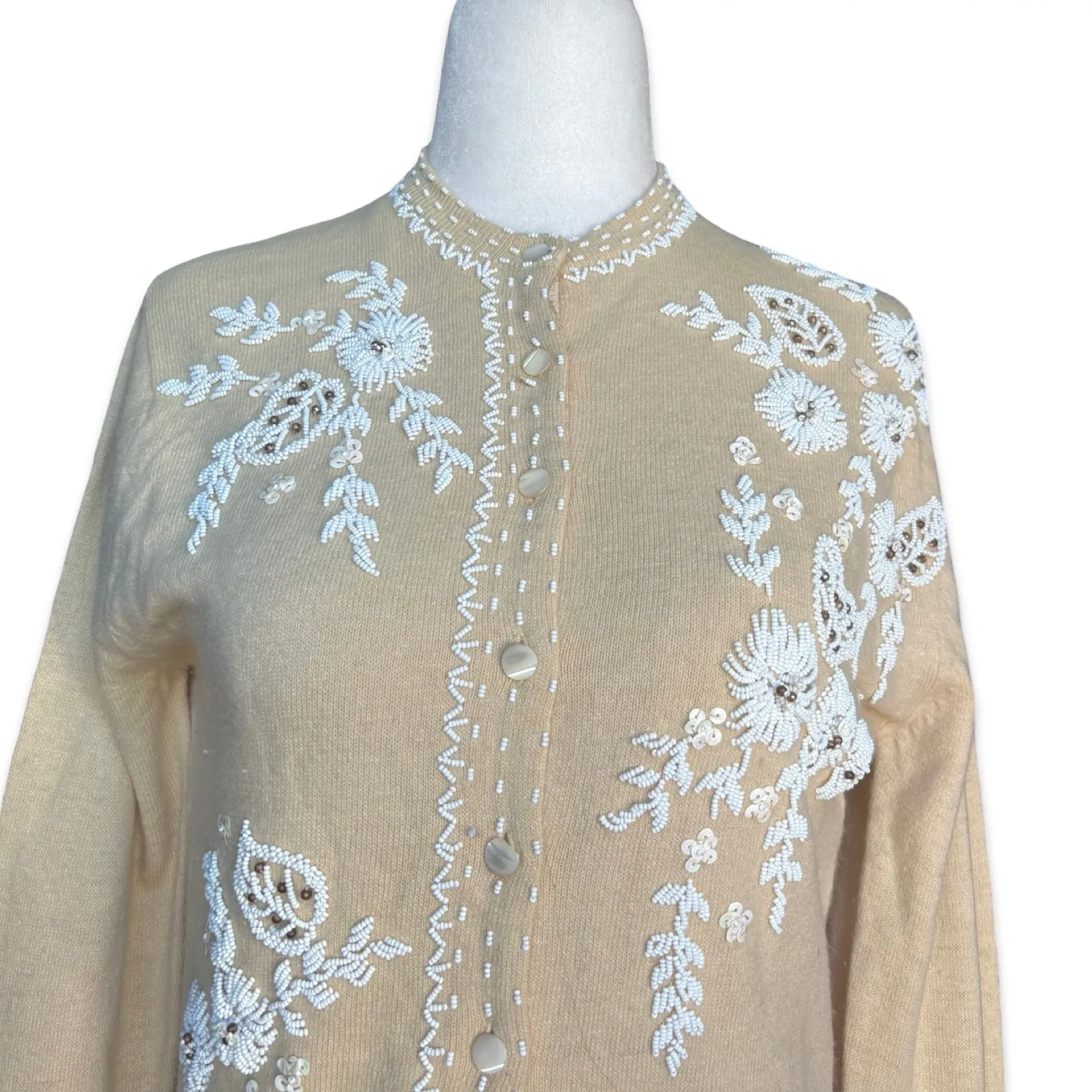 Vintage Beaded Cardigan Cream Beige Floral Beaded Knit Wool Cottage Feminine Tan - Image 2