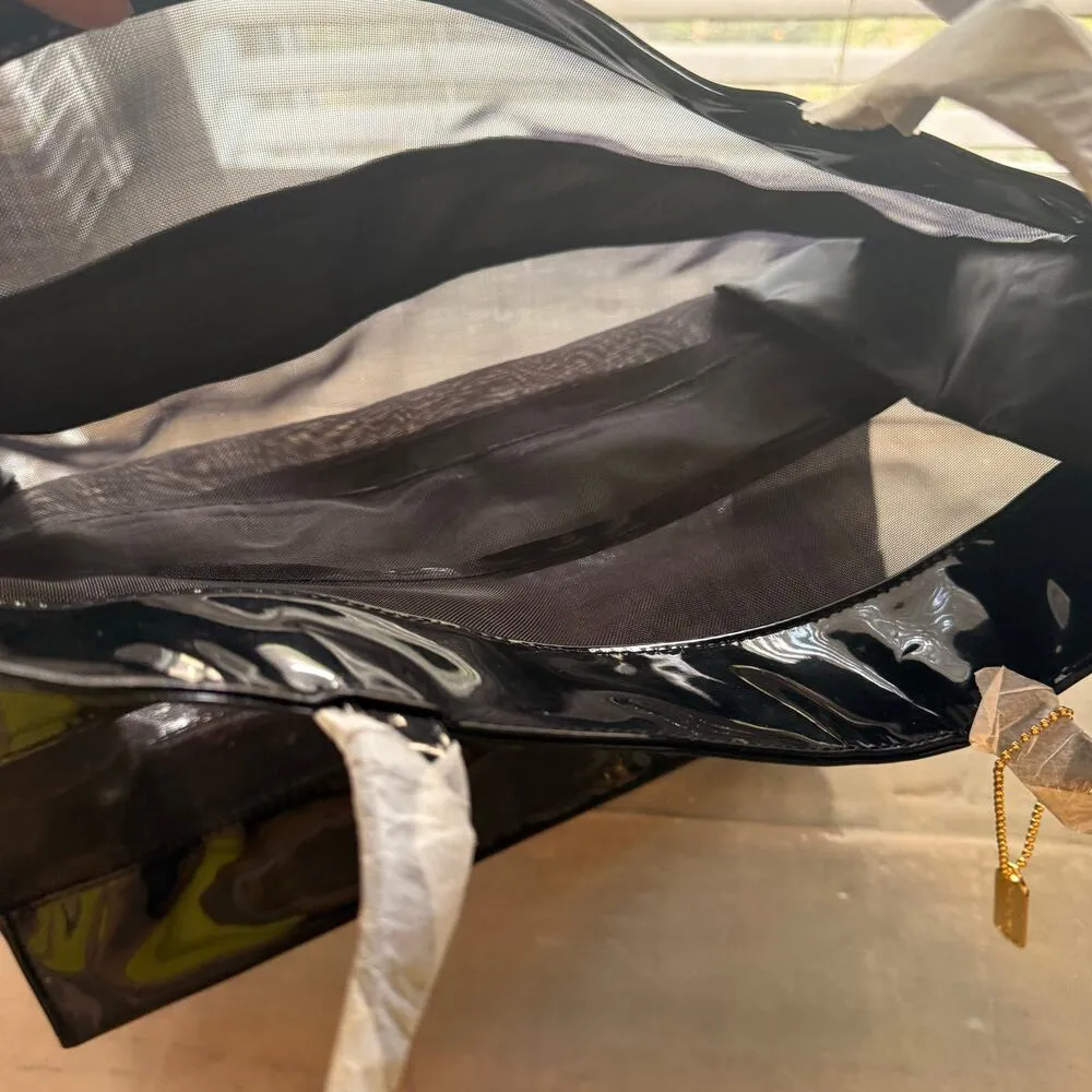 Elizabeth Arden Black Patent Leather Sheer Striped Vintage Tote NWOT - Image 5