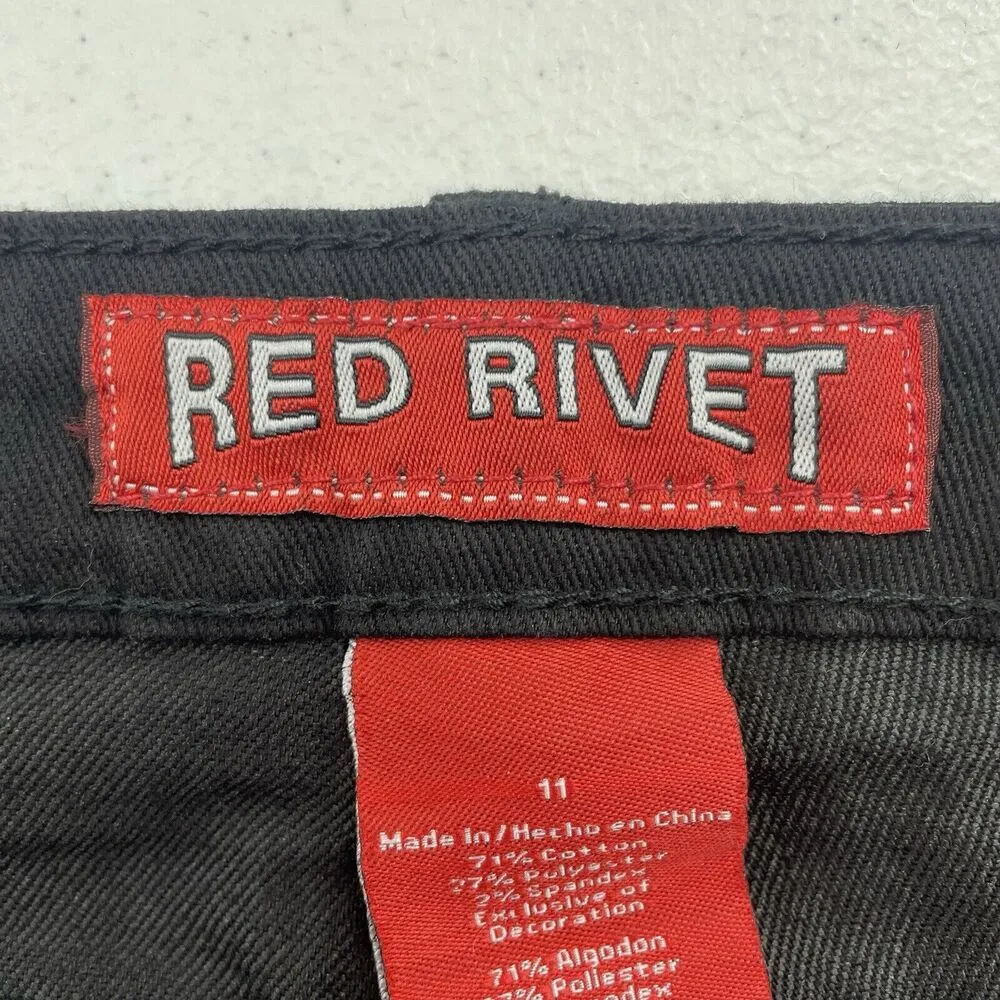 Red Rivet Junior 11 Flare Jeans Black Flap Embroidered Pockets Mid Rise Stretch - Image 9
