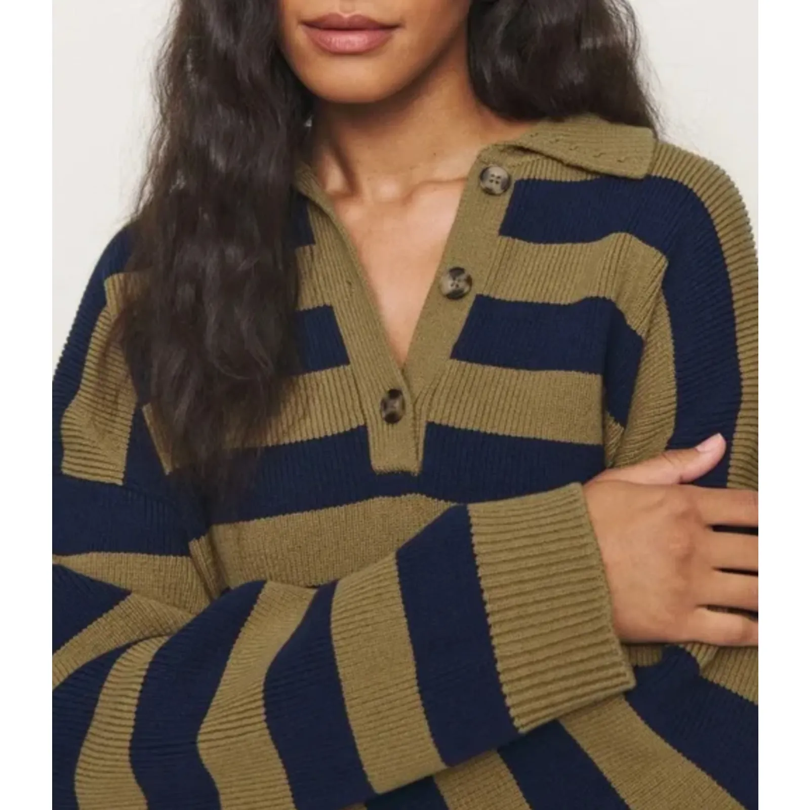 Reformation Brooklyn Cotton Polo Sweater Size XL Collared Navy Gold Stripe - Image 3
