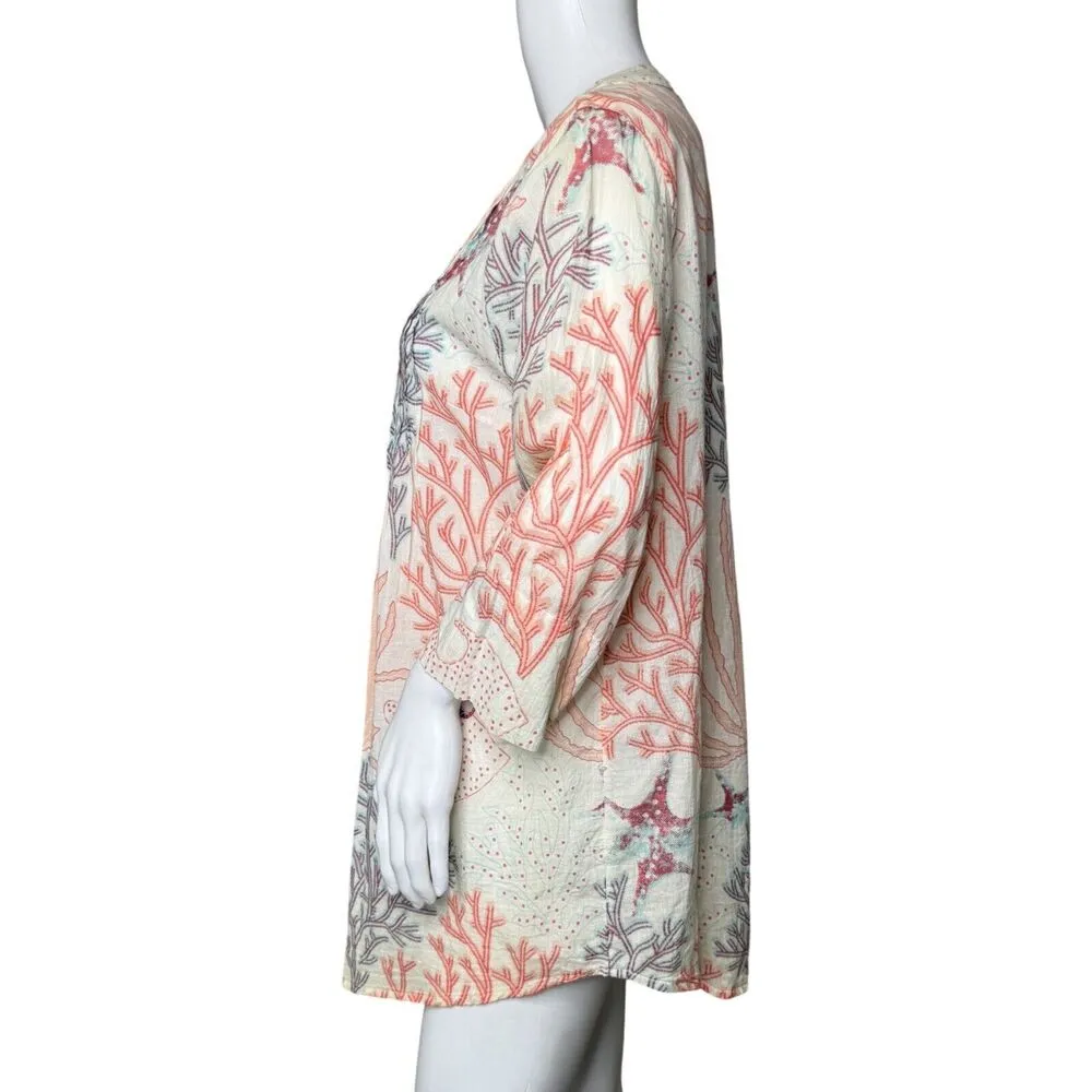 Soft Surroundings Shirt Women Small Petite Cream Multicolor Coral Reef Tunic Top - Image 3