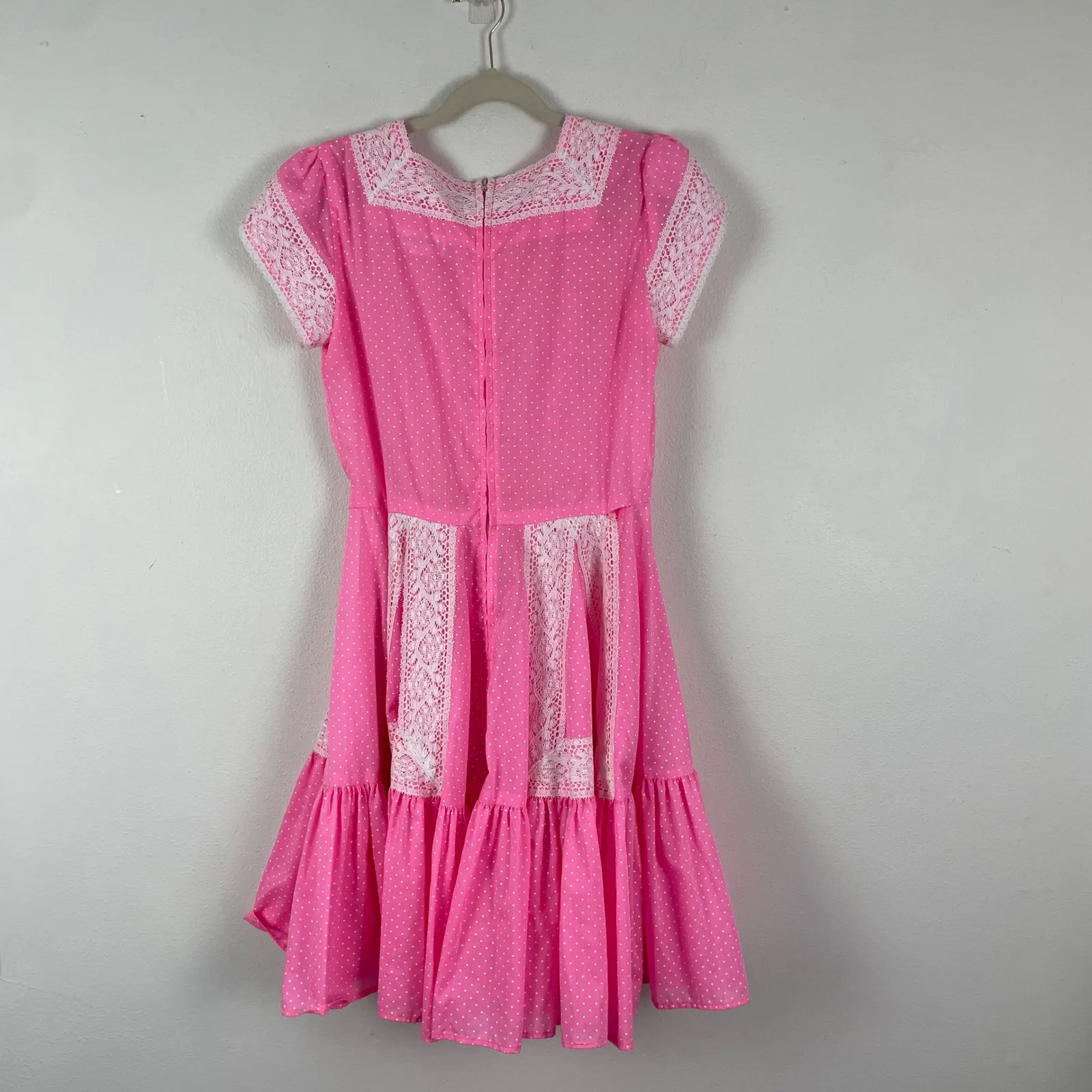 Kate Schorer Originals Pink White Polka Dot Lace Prairie Dress VTG Square Neck M Size M - Image 7