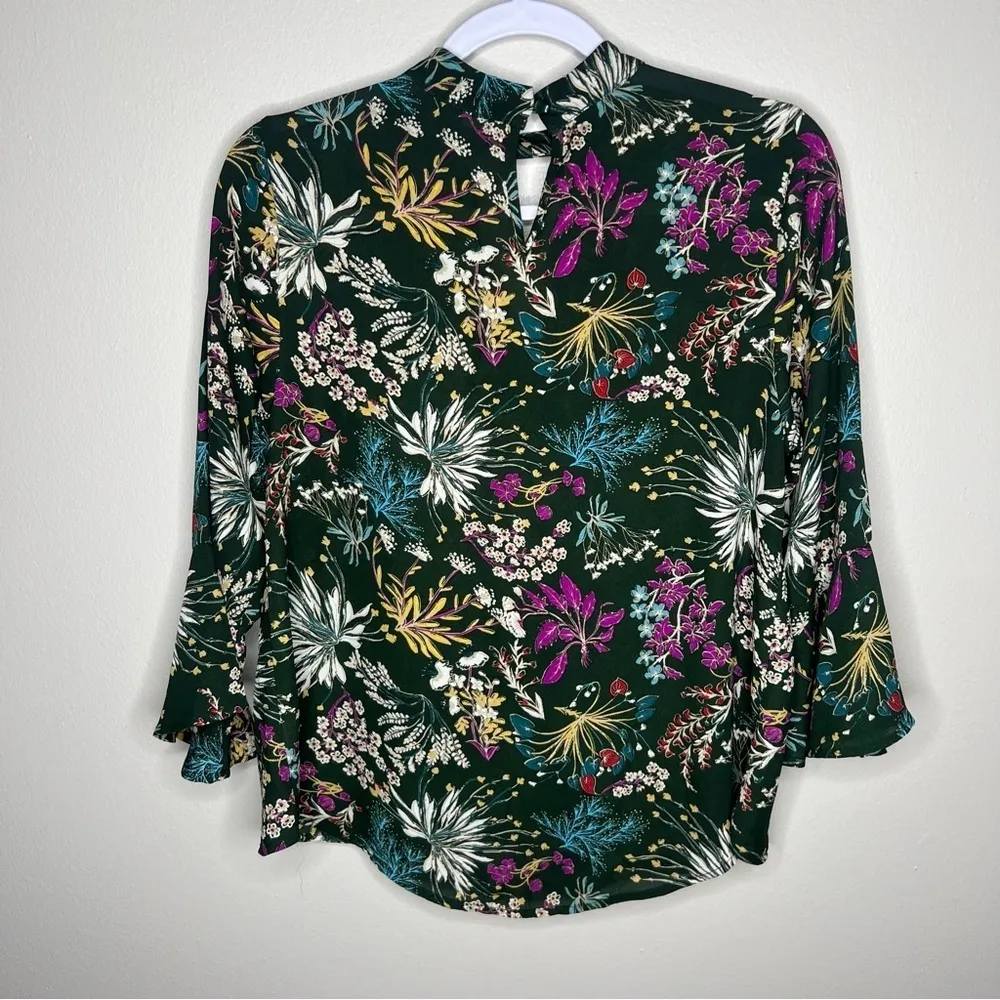 Monteau Floral Chiffon Mock Neck Cutout Layered Front Bell Sleeve Blouse‎ M - Image 2