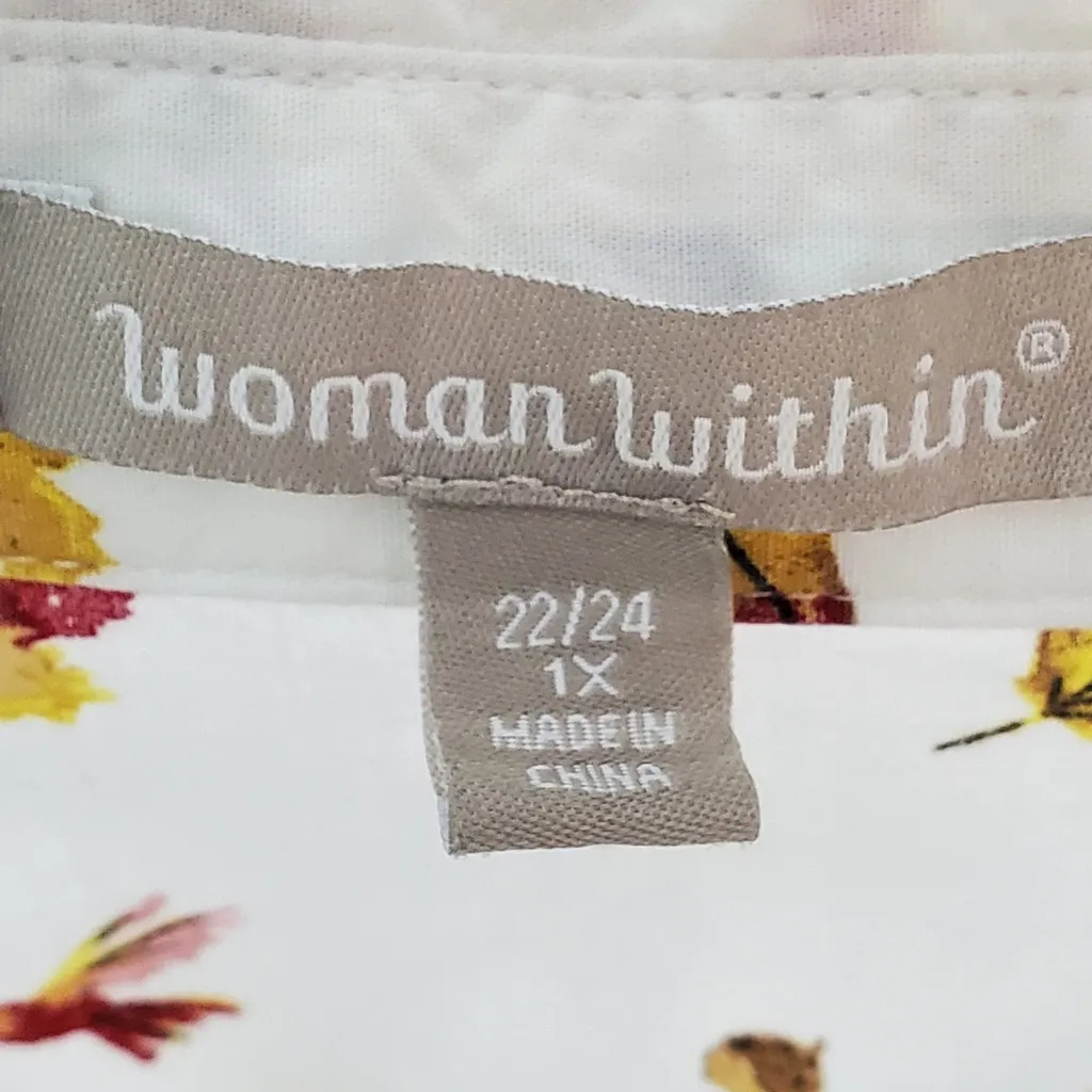 Woman‎ Within White Button Front Shirt Fall Print, size 1X (22/24) long sleeves - Image 4