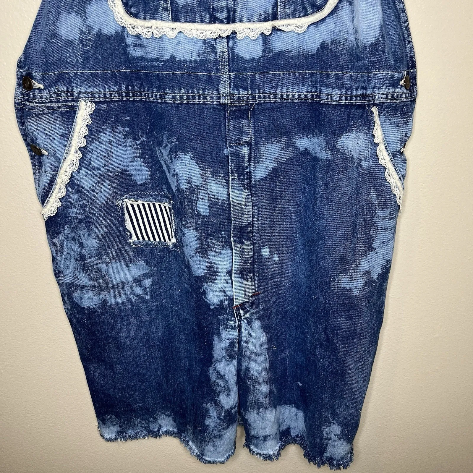 Dickies Denim Overalls Shorts Lace Bleach Patchwork Crochet Art To wear Teacher - Image 3
