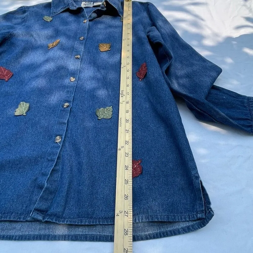 Vintage LG size M oversized denim button down suede tunic leaves Blue Size M - Image 6