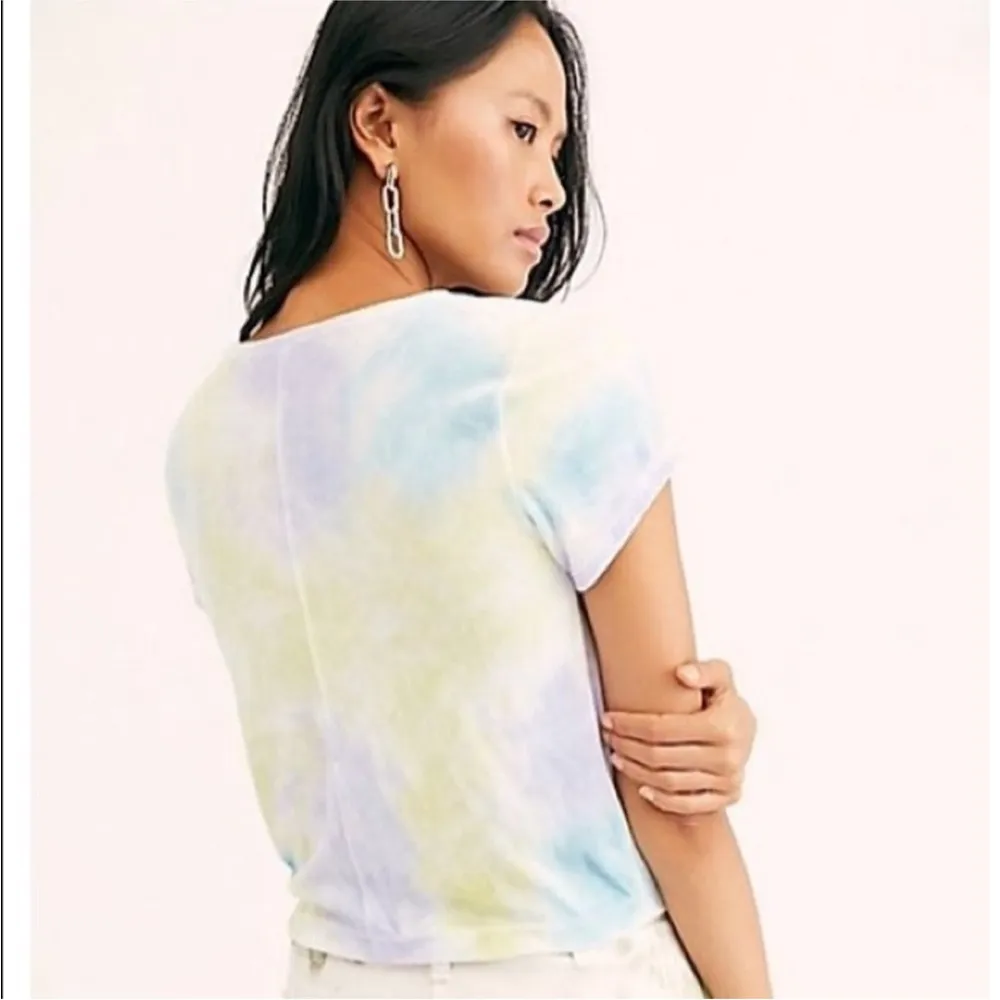 FREE PEOPLE Pastel Tie-Dye STRETCH SHORT SLEEVE VELOUR CROP Shirt M - Image 3