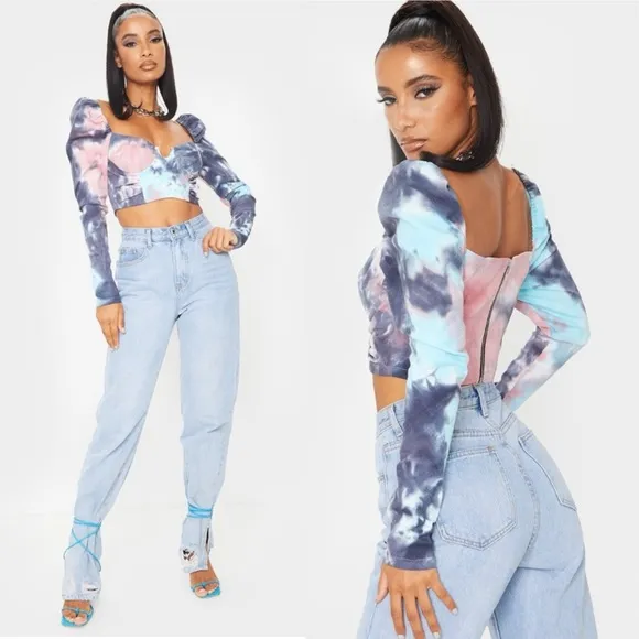 NWT PLT Purple Tie Dye Printed Cup Ruched Crop Top, Size 4 New w/Tag Retail $75 - Image 2