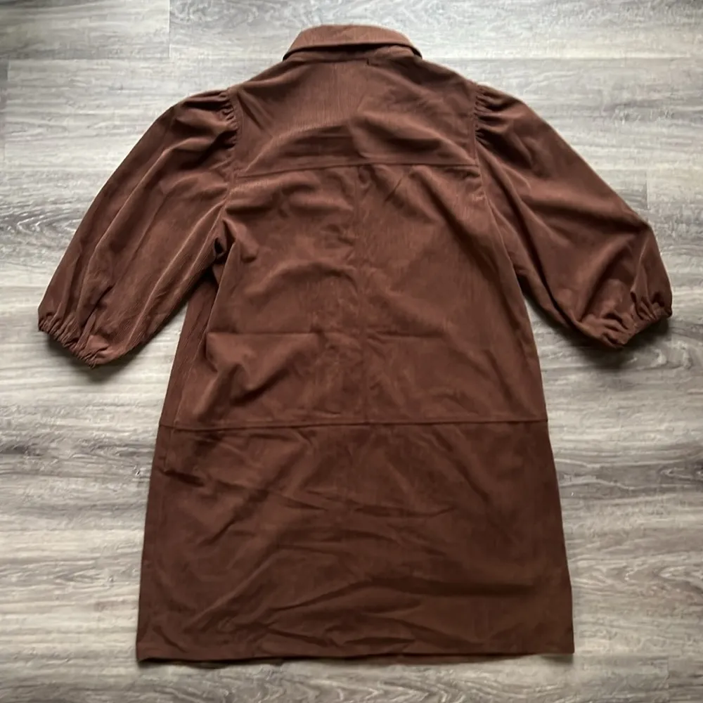 7FAMK Brown Corduroy Shirt Mini Dress with Puffed Sleeves Large - Image 3