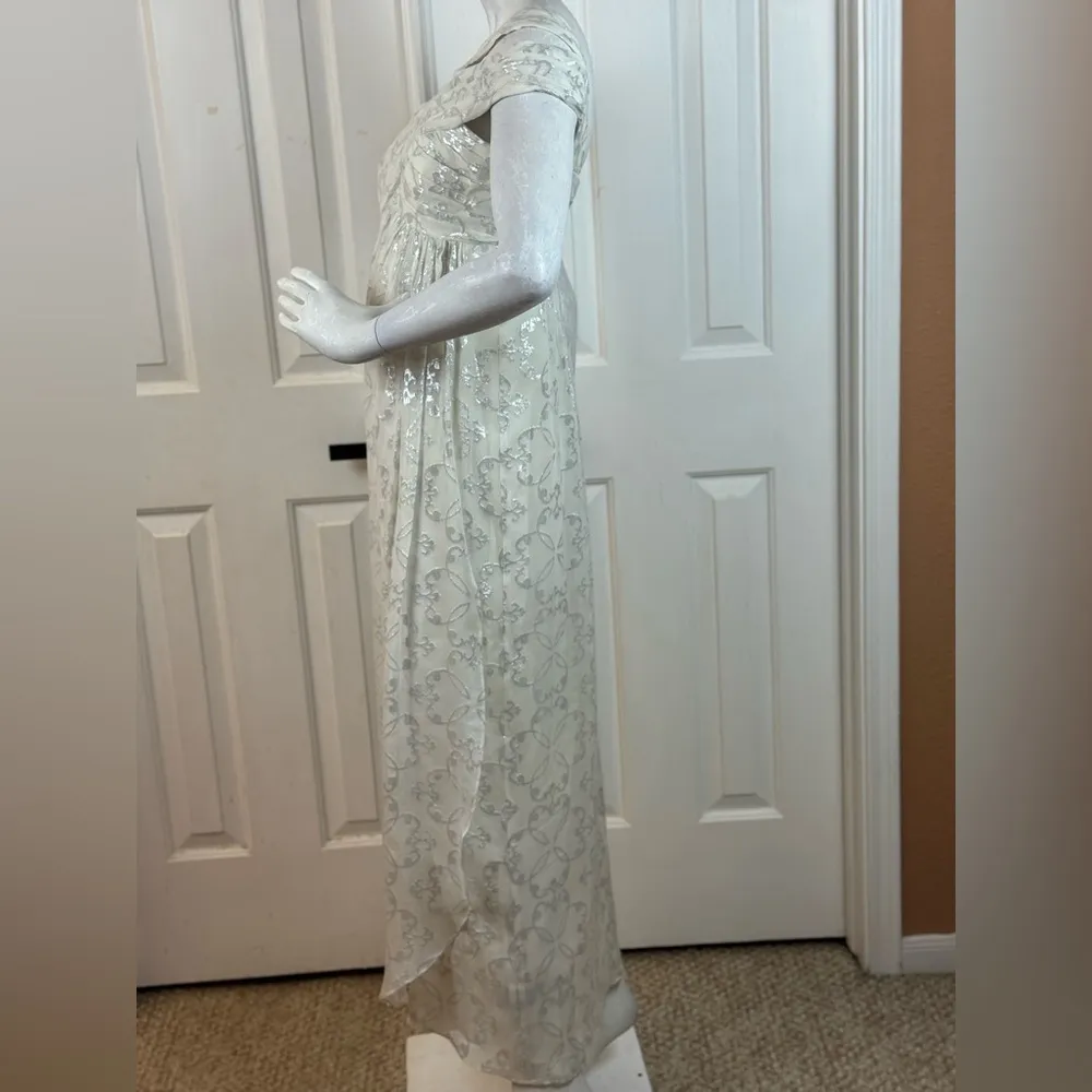 Nicole Miller Silk One Shoulder Dress Maxi 10 Long Foil Silver White Gown Size 2 - Image 4