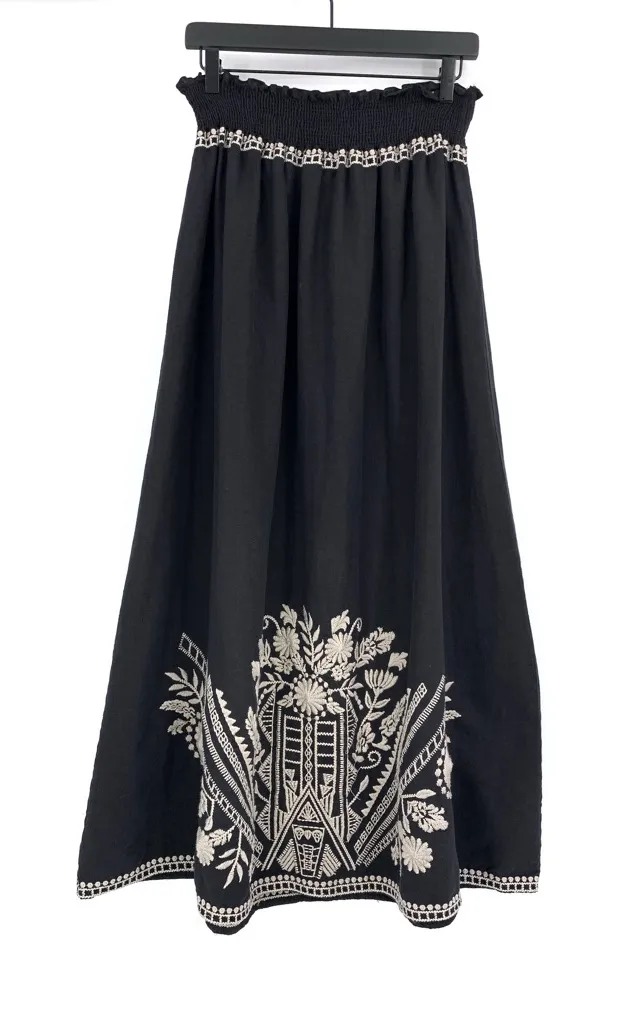 NWT JOHNNY WAS Embroidered Linen Midi Skirt Black Cream XL - Image 1