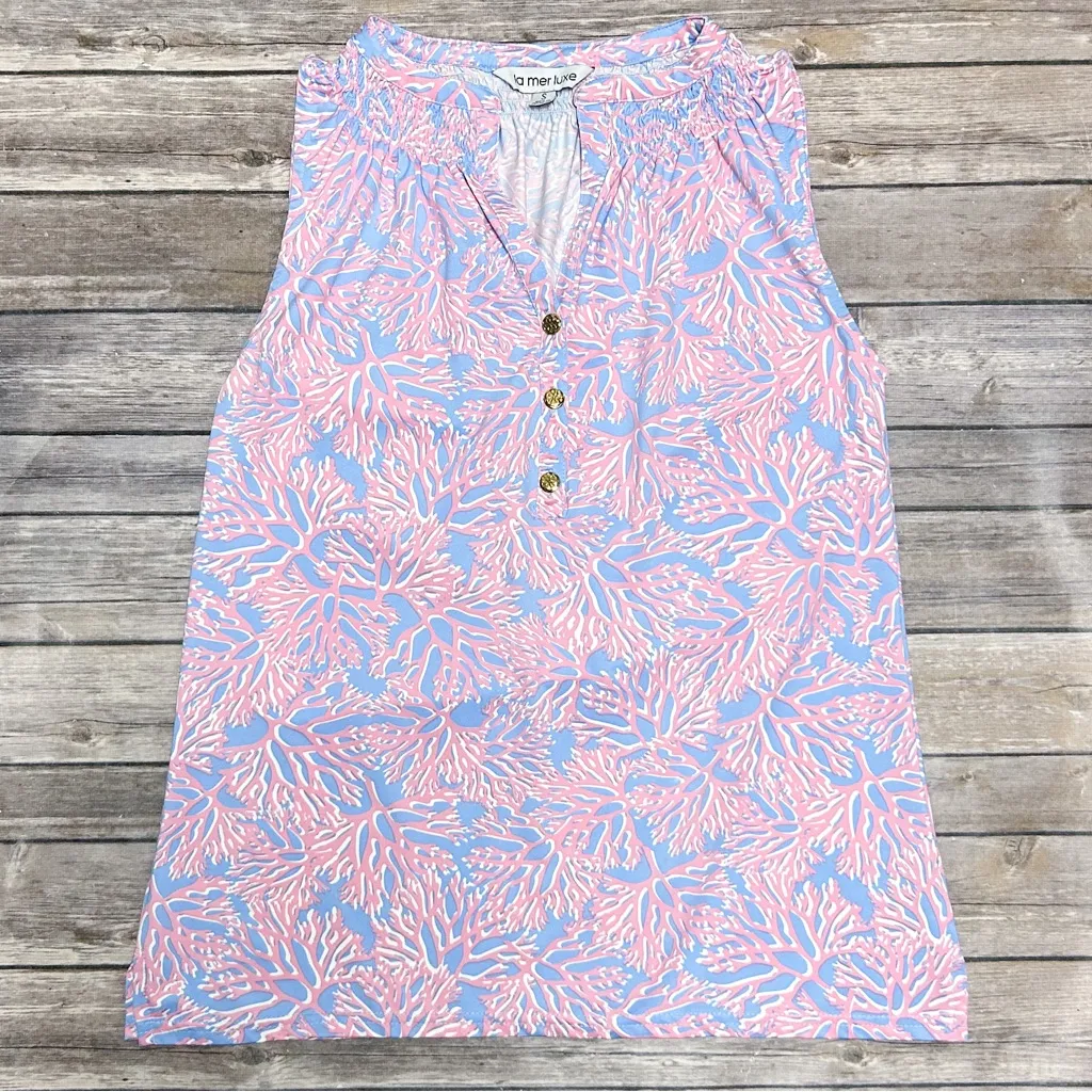 La Mer Luxe Pink White Periwinkle Coral Sleeveless V Neck Buttons Top Small - Image 6