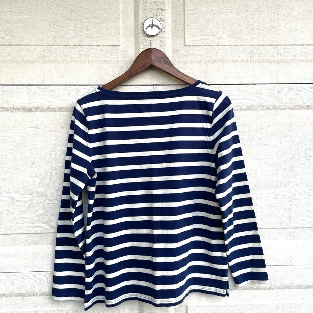 Talbots Womens Shirt Blue White Striped Jingle Belle Red Velvet Medium Petite - Image 3